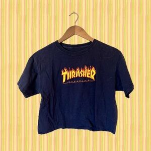 Vintage Thrasher Navy Blue Flames Cropped T-Shirt / Baby Tee